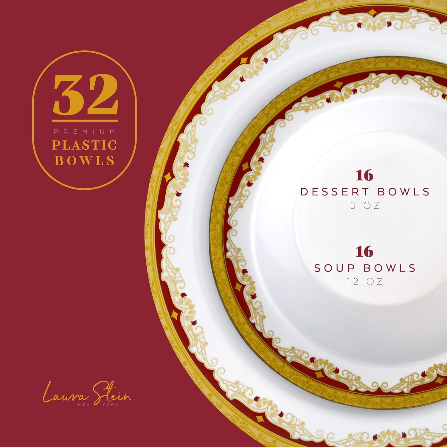 Laura Stein Designer Dinnerware Set | 32 Disposable Plastic Party Bowls | White Wedding Bowl with Burgundy Rim & Gold Accents | Set Includes 16 X 12 Oz Soup Bowls + 16 X 5 Oz Dessert Bowls | Vintage