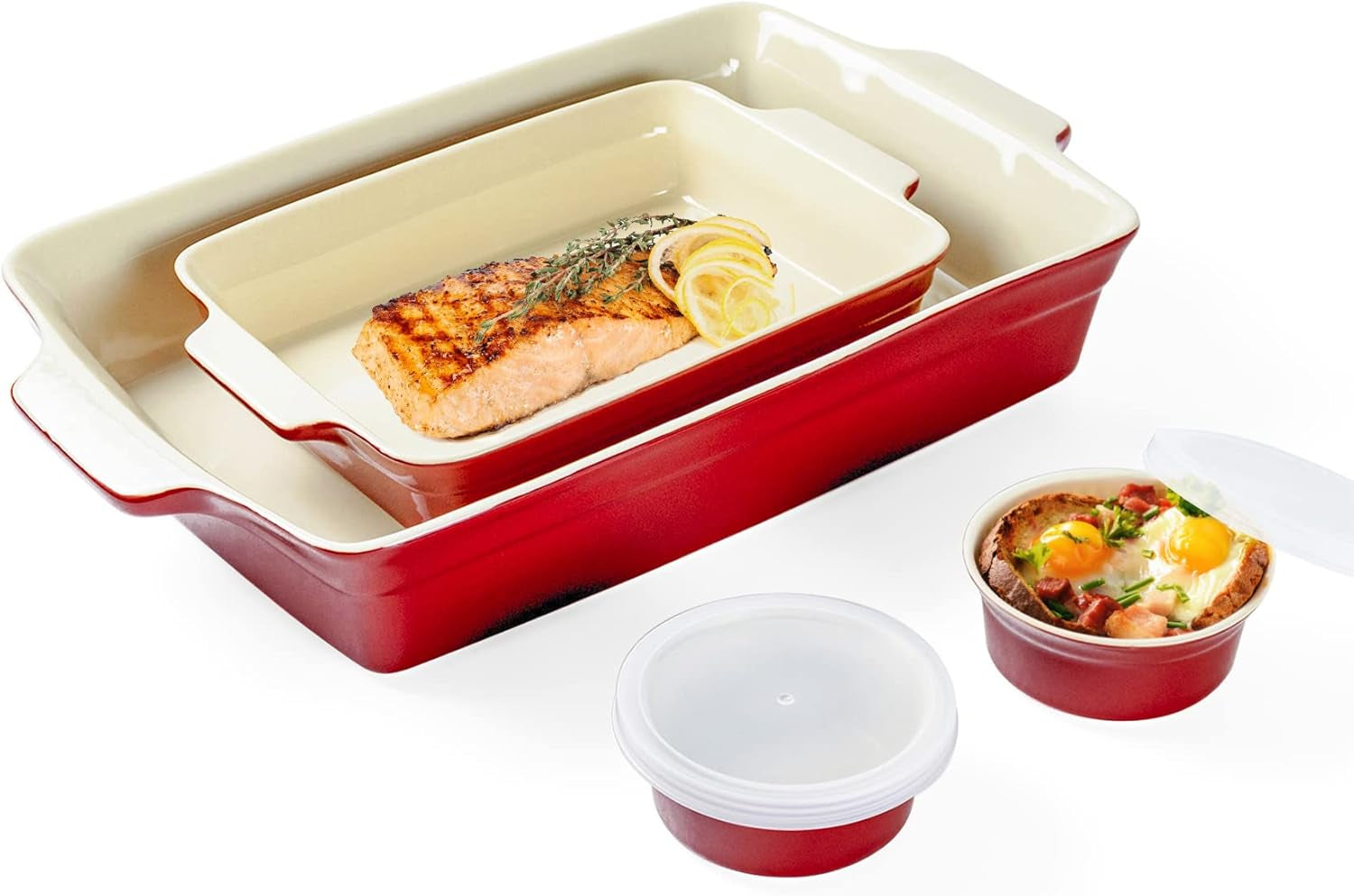 UNICASA Ceramic Casserole Bakeware Sets - Baking Dishes for Oven with Handles, Includes 9X13 Baking Pan Set, Ramekins - Rectangular Lasagna Pan for Cooking, Cake Dinner, Souffle, Pudding Cups (Red)