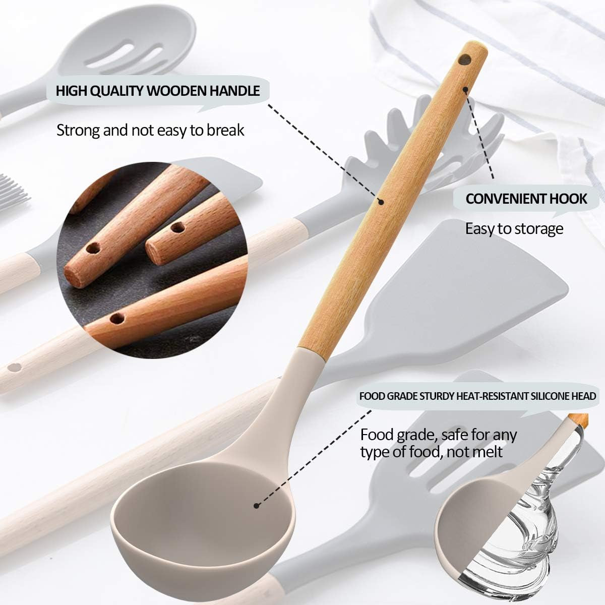Silicone Cooking Utensils Kitchen Utensil Set, AIKKIL 32Pcs Non-Stick Kitchen Cooking Utensil Spatula Set with Holder, Heat Resistant Wooden Handle Khaki Kitchen Gadgets Tools Set