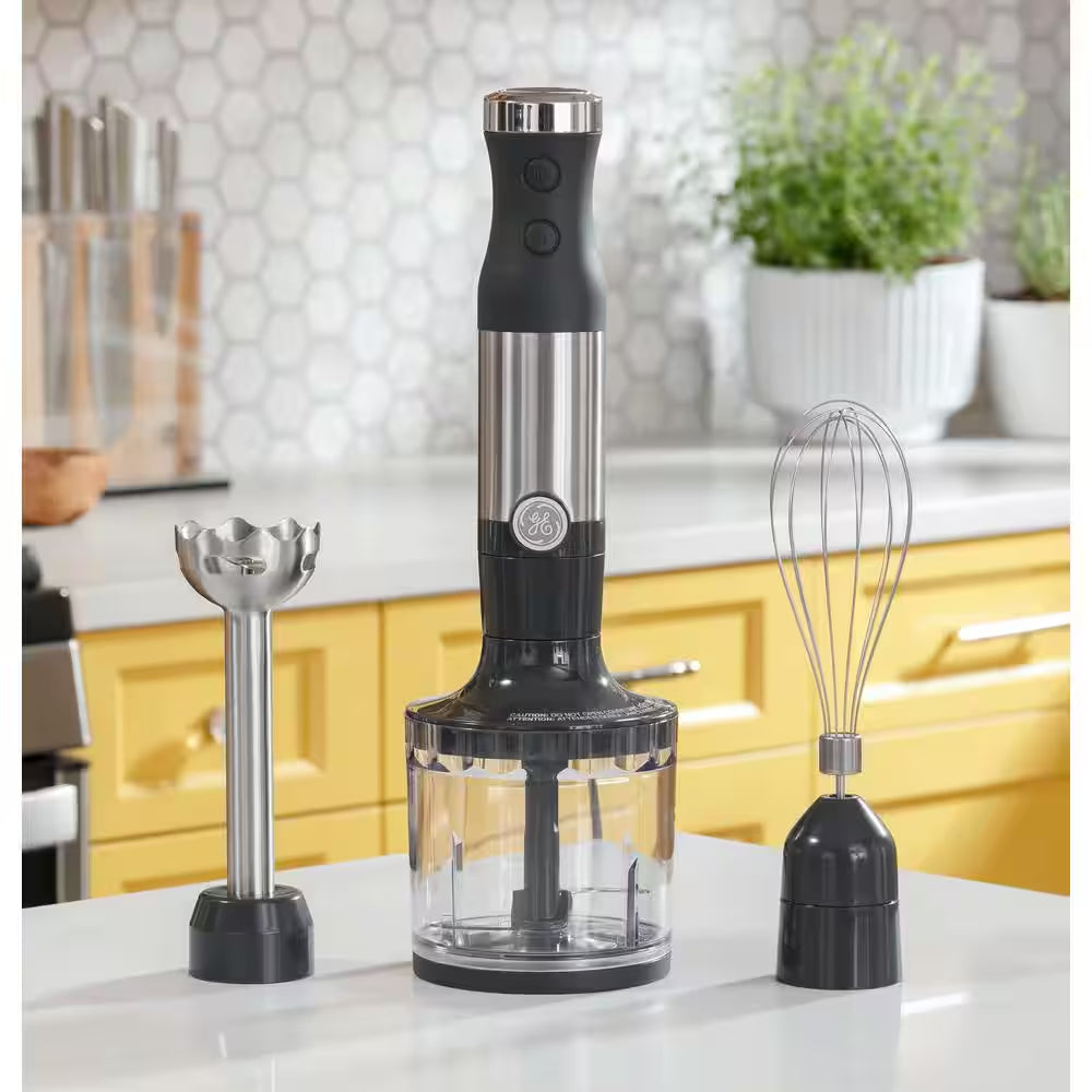 2-Speed Stainless Steel Immersion Hand Blender with Whisk, Blending, and Chopping Jar Attachments
