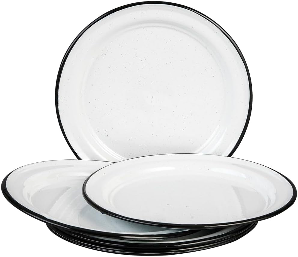 Cinsa 10-Inch Enameled Steel Dinner Plate Set, Indoor/Outdoor Use - Set of 6 Fire & Oven Safe Everyday Dinnerware, Lightweight & Ideal for Camping, Kitchen - Dishwasher Safe (Speckled White)