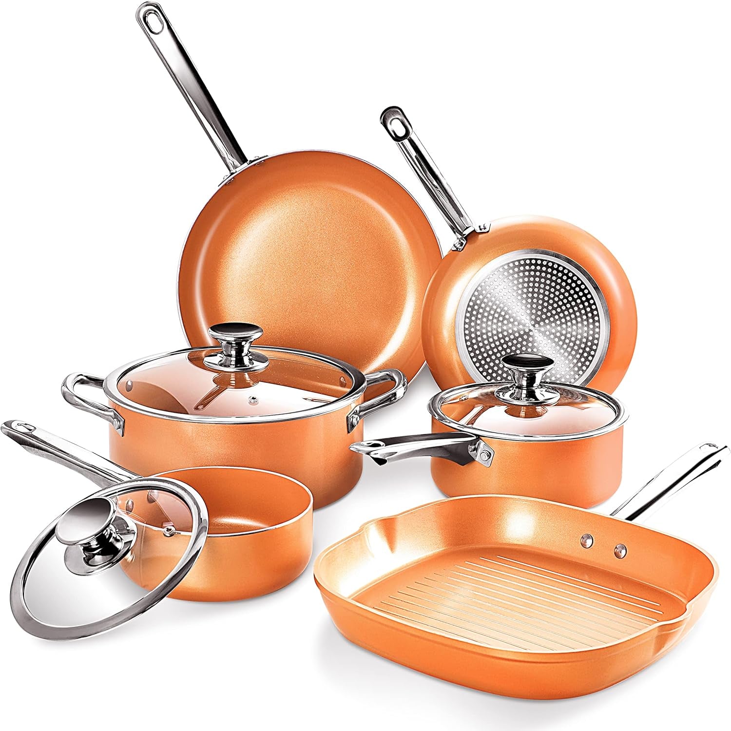 Pots and Pans Set, Nonstick Cookware Set with Stainless Steel Handles, Frying Pan Set, Grill Pan, Stock Pot, Sauce Pan with Lid, Gas, Induction Compatible, Oven Safe, Copper