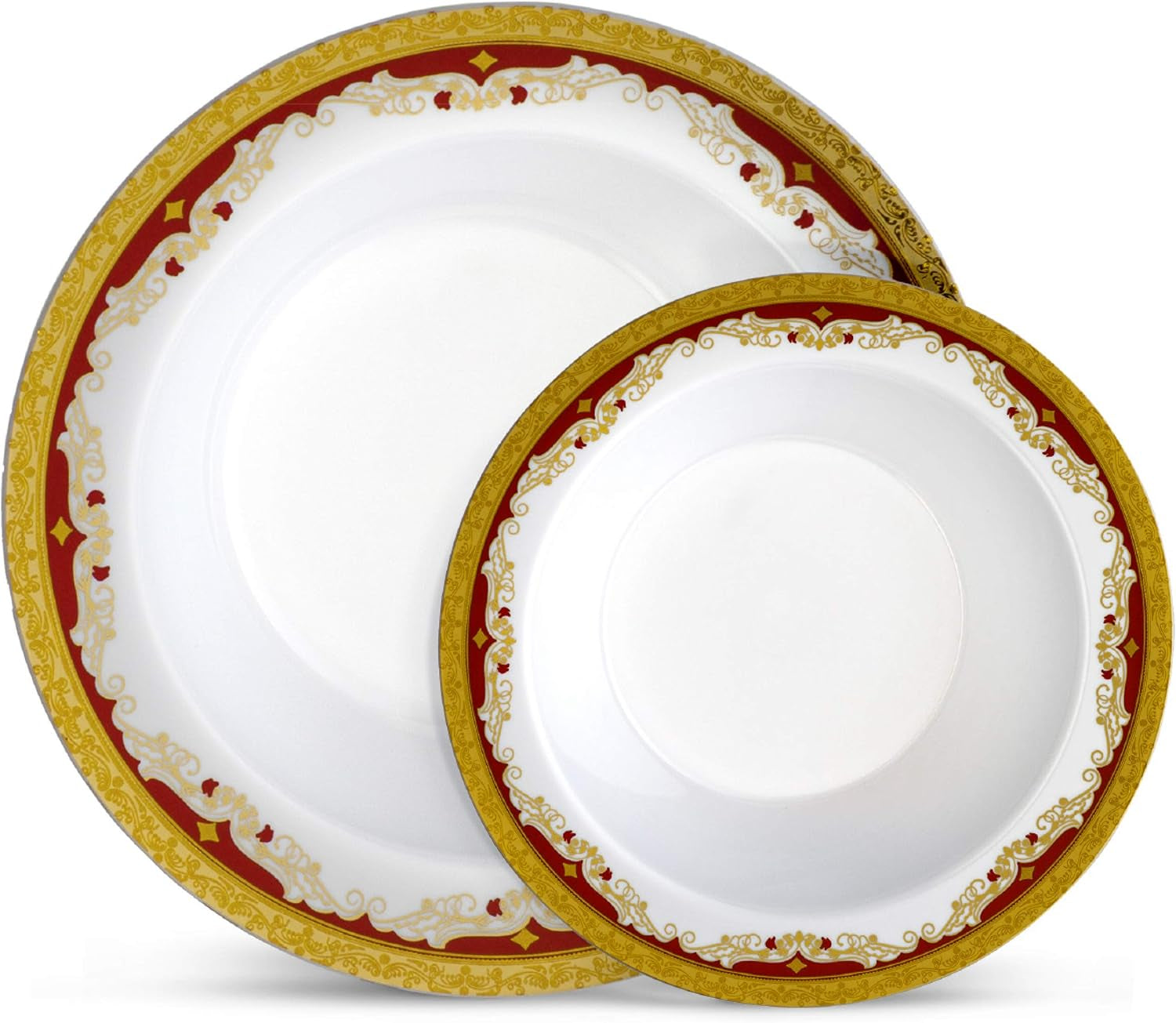 Laura Stein Designer Dinnerware Set | 32 Disposable Plastic Party Bowls | White Wedding Bowl with Burgundy Rim & Gold Accents | Set Includes 16 X 12 Oz Soup Bowls + 16 X 5 Oz Dessert Bowls | Vintage