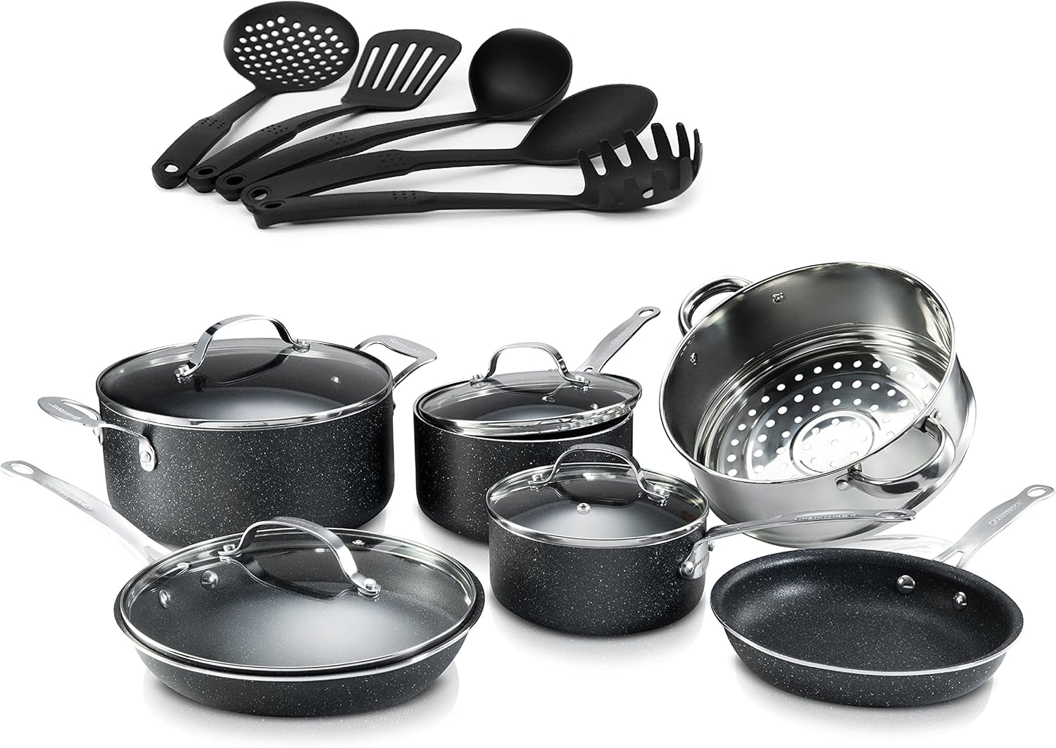 Granitestone 10-Piece Non-Stick Ultra Durable, Mineral & Granite Coated Scratch Proof Cookware Set + 5 Piece Utensil Set, Oven and Dishwasher Safe, PFOA Free Pots and Pans