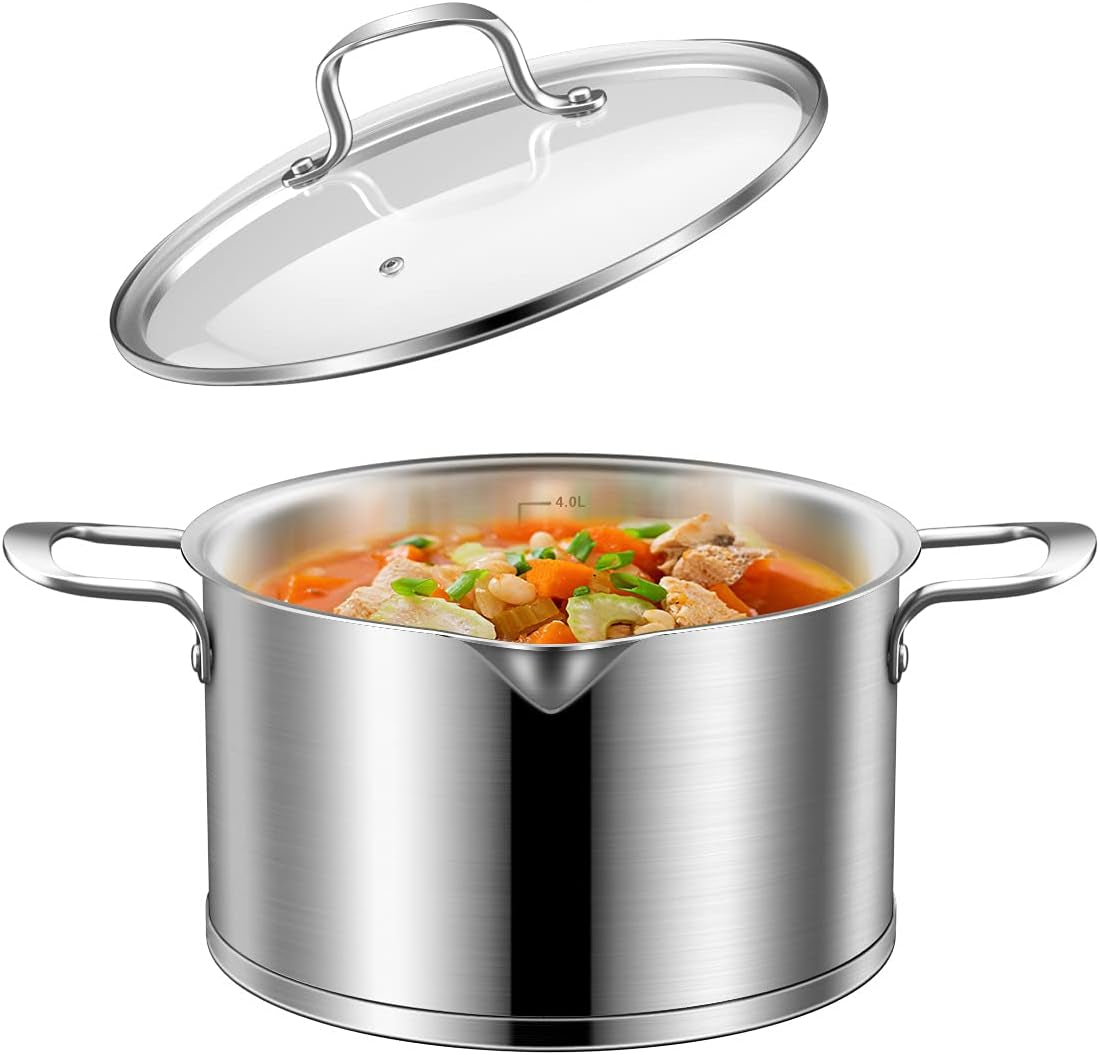 4 Quart Stainless Steel Stock Pot/ Stockpot with Glass Lid,4 Qt Multi Pasta Cooking Soup Pot with Pour Spout,Scale Engraved Inside, Oven Dishwasher Safe ,Compatible for Family Meals