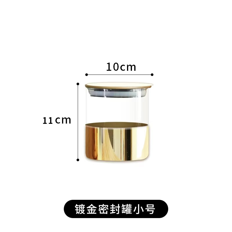 Golden Glass Sealed Can Coffee Bean Storage Container Snack Dried Fruit Storage Tank Metal Cover Home Kitchen Storage Ornaments
