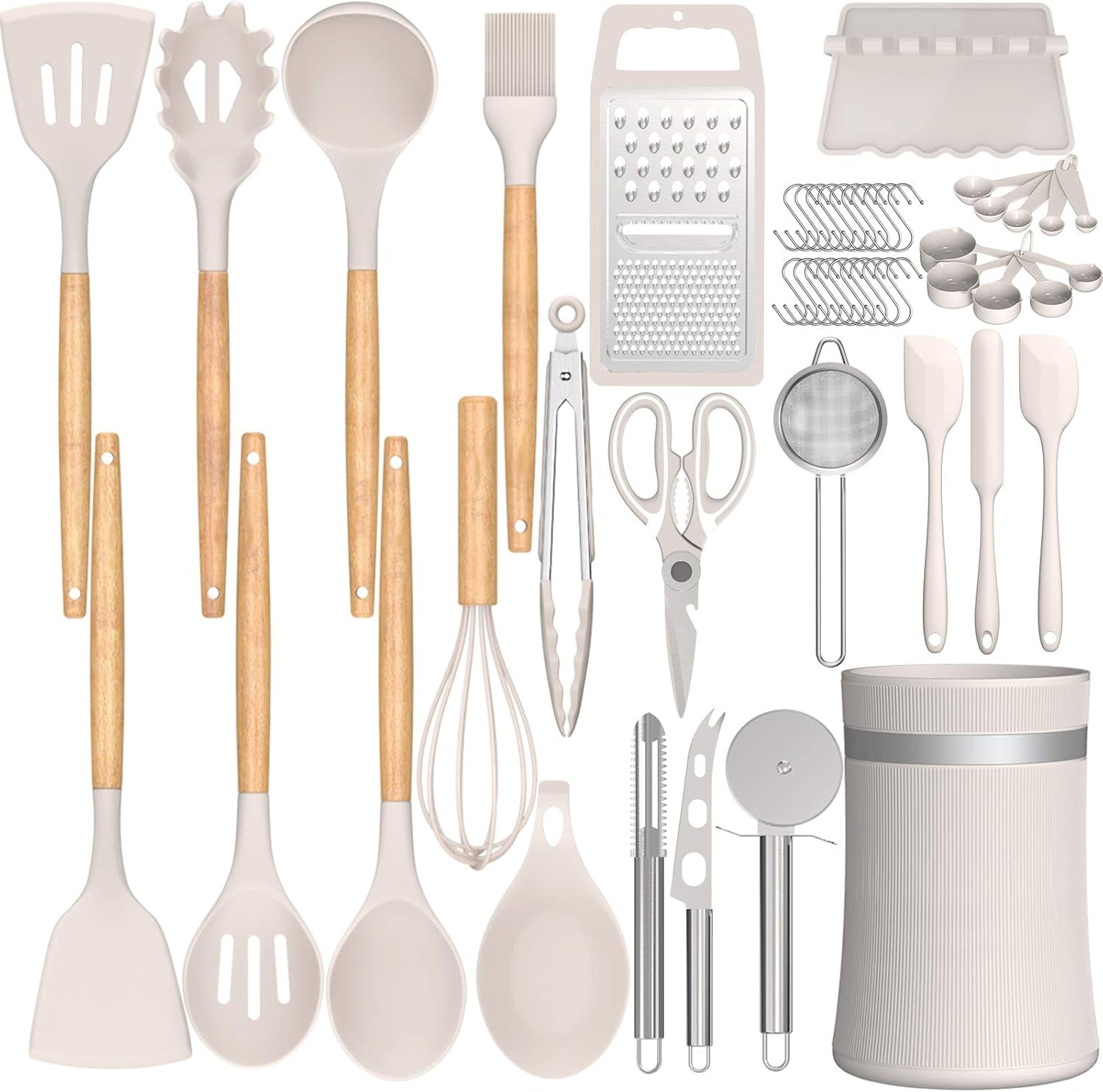 Silicone Cooking Utensils Kitchen Utensil Set, AIKKIL 32Pcs Non-Stick Kitchen Cooking Utensil Spatula Set with Holder, Heat Resistant Wooden Handle Khaki Kitchen Gadgets Tools Set