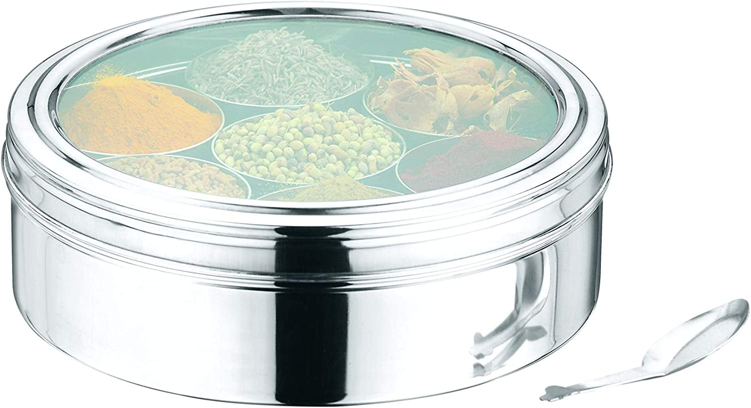 Vinod Stainless Steel Masala Dabba, Spice Box, 7 Compartments with Lid, 8 Inch Diameter, See-Through