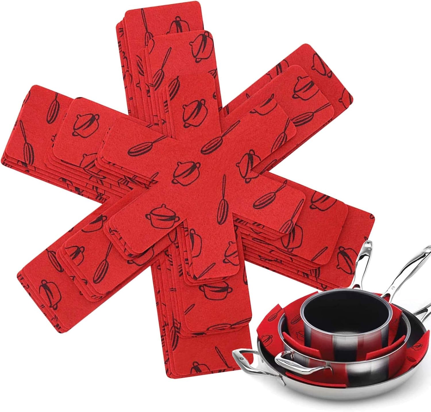 12 PCS Pot and Pan Protectors, 3 Different Size Pot Dividers Separators Protectors Pads for Protect Pots and Pans from Damage(Red)