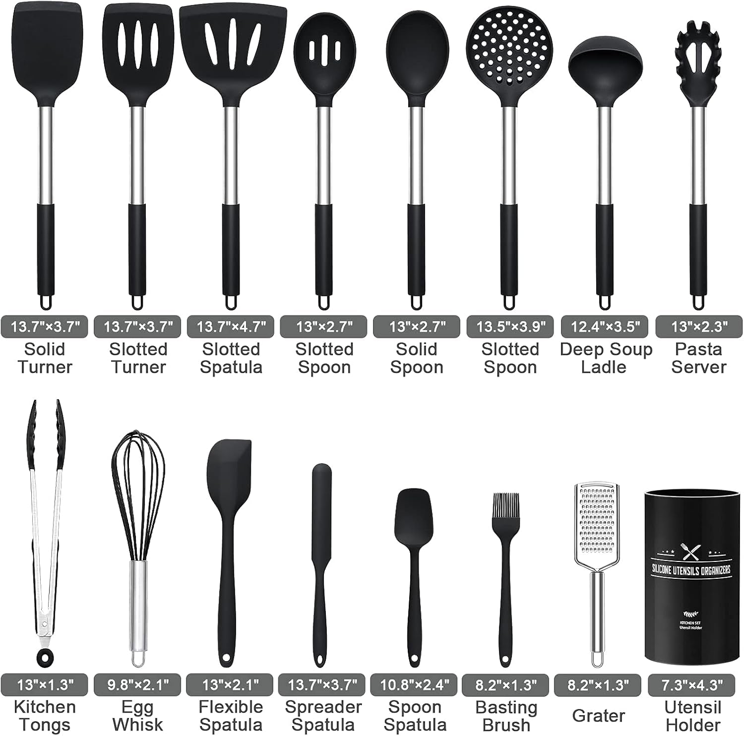 16 PCS Silicone Kitchen Cooking Utensils Set, Heat-Resistant Utensil Set with Premium Stainless Handles for Nonstick Cookware, Best Kitchen Gadgets Gifts-Bpa Free & Dishwasher Safe(Black)