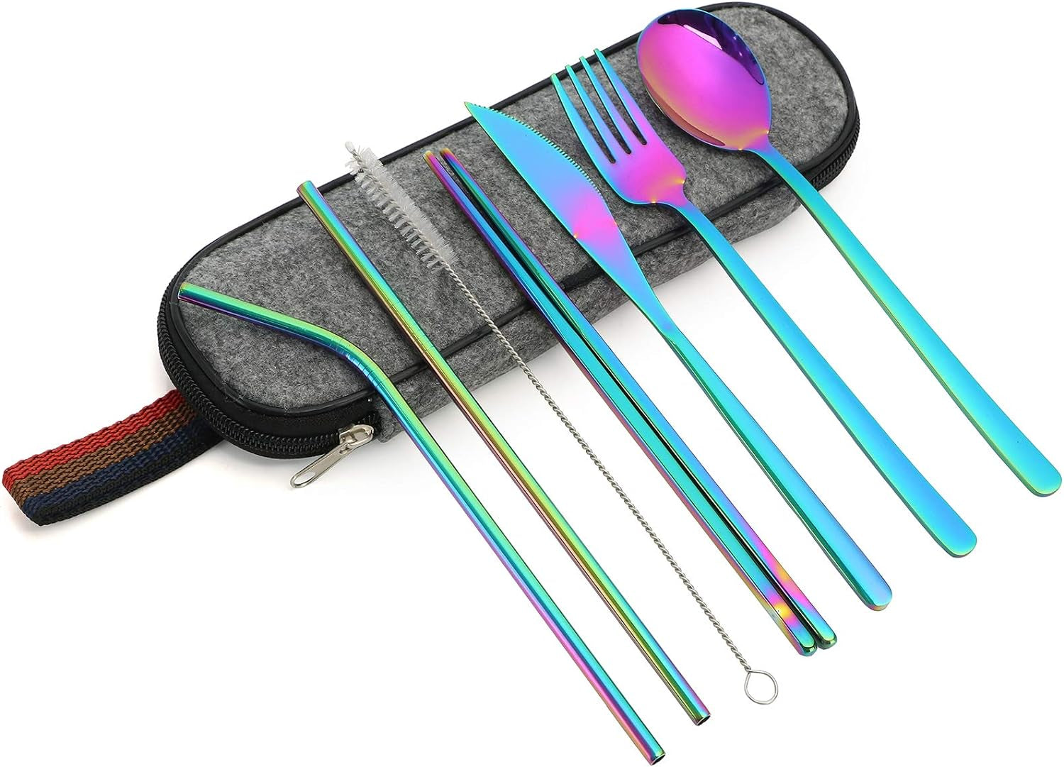 ZEF Flatware Set Stainless Steel, Travel Camping Cutlery Set, Portable Utensil Travel Silverware Dinnerware Set with a Waterproof Case (8Pcs) (Rainbow)