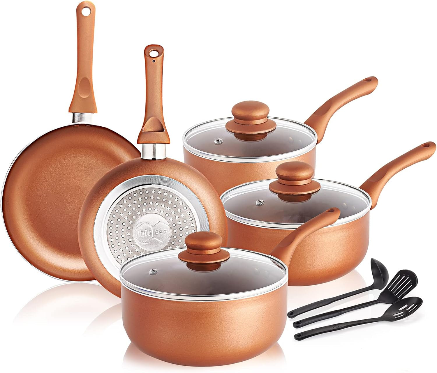 11Pcs Cookware Set Ceramic Nonstick Soup Pot/Milk Pot/Frying Pans Set -Copper