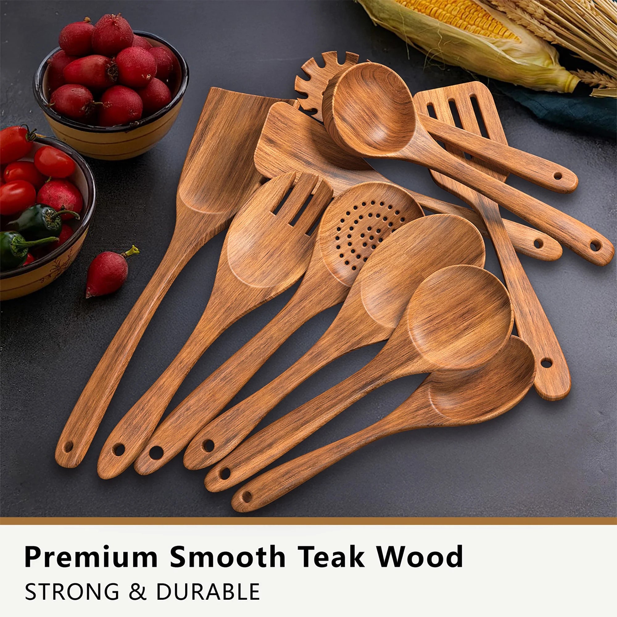 Wooden Spoons for Cooking, 10 PCS Teak Wood Cooking Utensil Set, Wooden Kitchen Utensils for Nonstick Pans & Cookware, Spoons and Spatula Set, Sturdy, Lightweight & Heat Resistant