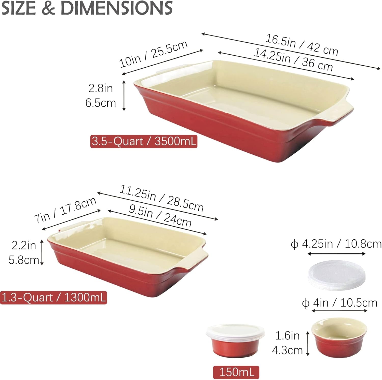 UNICASA Ceramic Casserole Bakeware Sets - Baking Dishes for Oven with Handles, Includes 9X13 Baking Pan Set, Ramekins - Rectangular Lasagna Pan for Cooking, Cake Dinner, Souffle, Pudding Cups (Red)