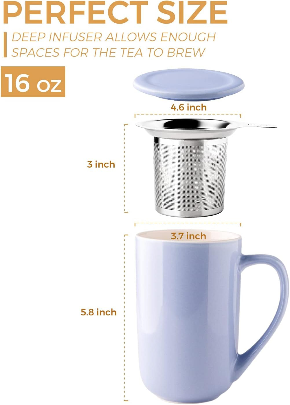 Amorarc Ceramic Tea Mug,16Oz Tea Cup with Infuser and Lid, Tea Strainer Cups with Tea Bag Holder for Loose Leaf Tea, Tea Steeping Mug for Tea/Coffee/Milk with Well-Wrapped Gift Box -Baby Blue