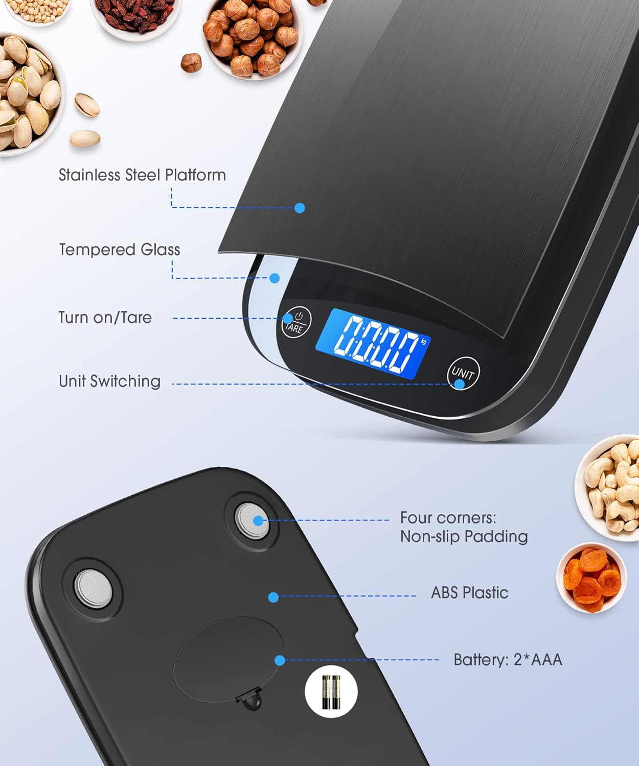 Nicewell Food Scale 22Lbs Digital Kitchen Scale for Cooking Baking Weight Loss, Weighs in Grams and Ounce with 0.1Oz/1G Resolution, Sleek Design and Large LCD Screen