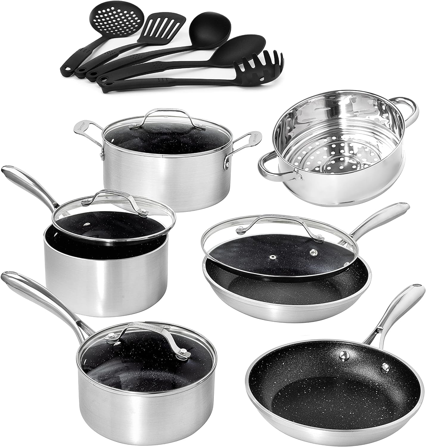 Granitestone 10-Piece Non-Stick Ultra Durable, Mineral & Granite Coated Scratch Proof Cookware Set + 5 Piece Utensil Set, Oven and Dishwasher Safe, PFOA Free Pots and Pans