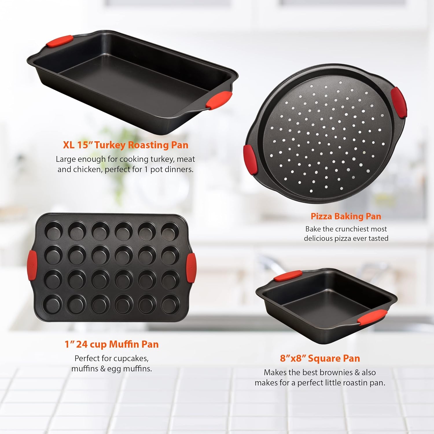 PERLLI Nonstick Bakeware Sets, 11 Piece Steel Baking Pan Tray Set with Silicone Handles Kitchen Oven Safe, Cookie Sheet, Muffin Pan, Cake Pan, Bread Loaf Pan, Brownie Pan W/Microfiber Cleaning Cloth