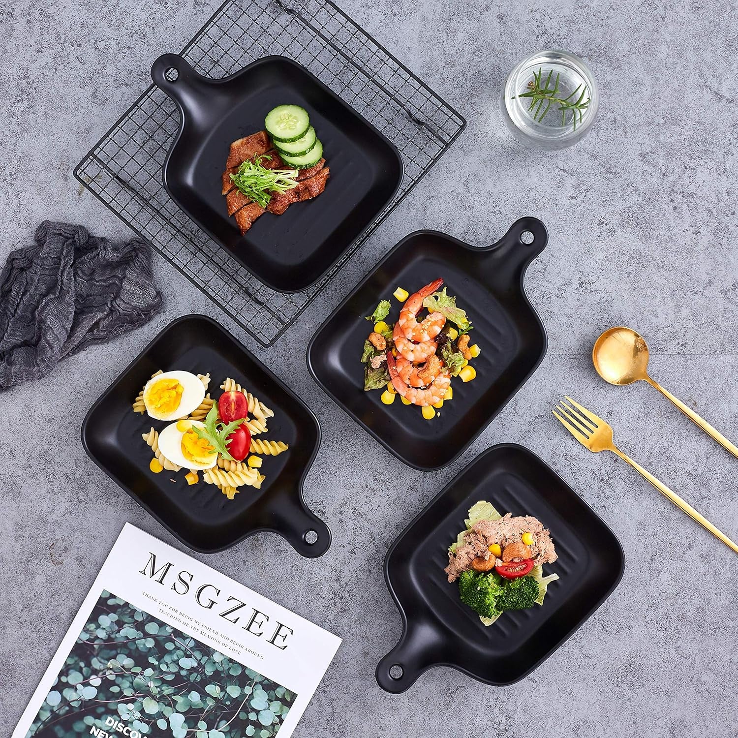 Bruntmor 4 Piece Matte Black Ceramic Dinnerware Set, 6.5 Inch Food Serving Plates with Skillet Look Handle, Lightweight Square Plates, Oven and Dishwasher Safe, Matte Finish