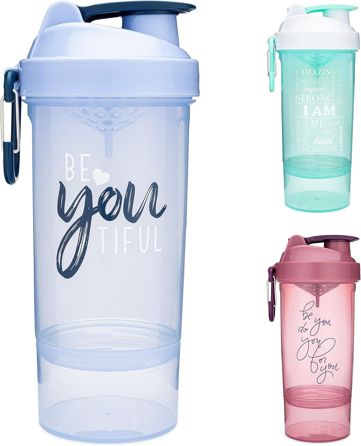 Smartshake Shaker Bottle with Motivational Quotes | 27 Ounce Protein Shaker Cupwith Mixer Net | Attachable Container Storage for Protein or Supplements | Perfect Fitness Gift | Beyoutiful - Blue