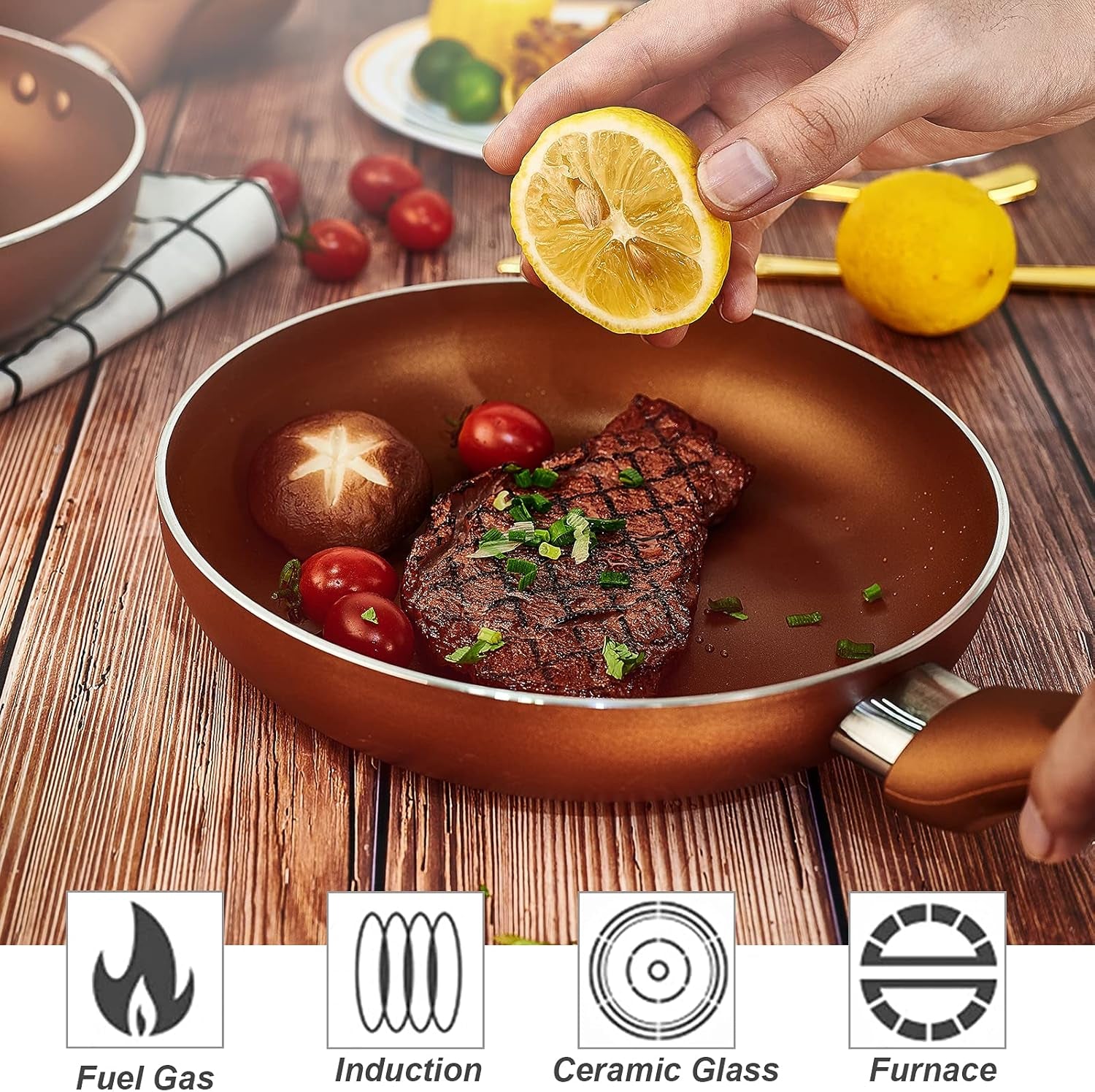 11Pcs Cookware Set Ceramic Nonstick Soup Pot/Milk Pot/Frying Pans Set -Copper