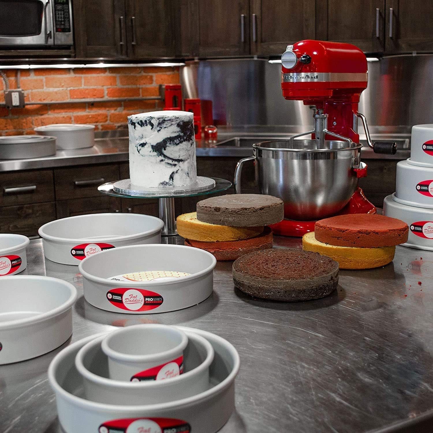 Lumintrail Fat Daddios Anodized Aluminum Tiered round Cake Pans Bundle with a Spoon Set (5", 7", 9" Diameter, 3" Deep)