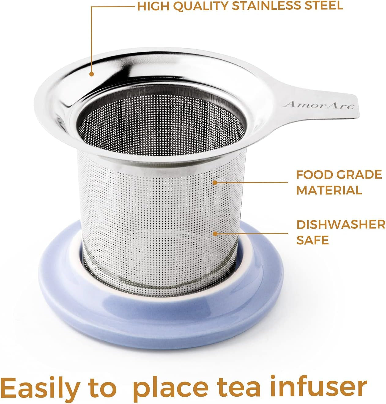 Amorarc Ceramic Tea Mug,16Oz Tea Cup with Infuser and Lid, Tea Strainer Cups with Tea Bag Holder for Loose Leaf Tea, Tea Steeping Mug for Tea/Coffee/Milk with Well-Wrapped Gift Box -Baby Blue