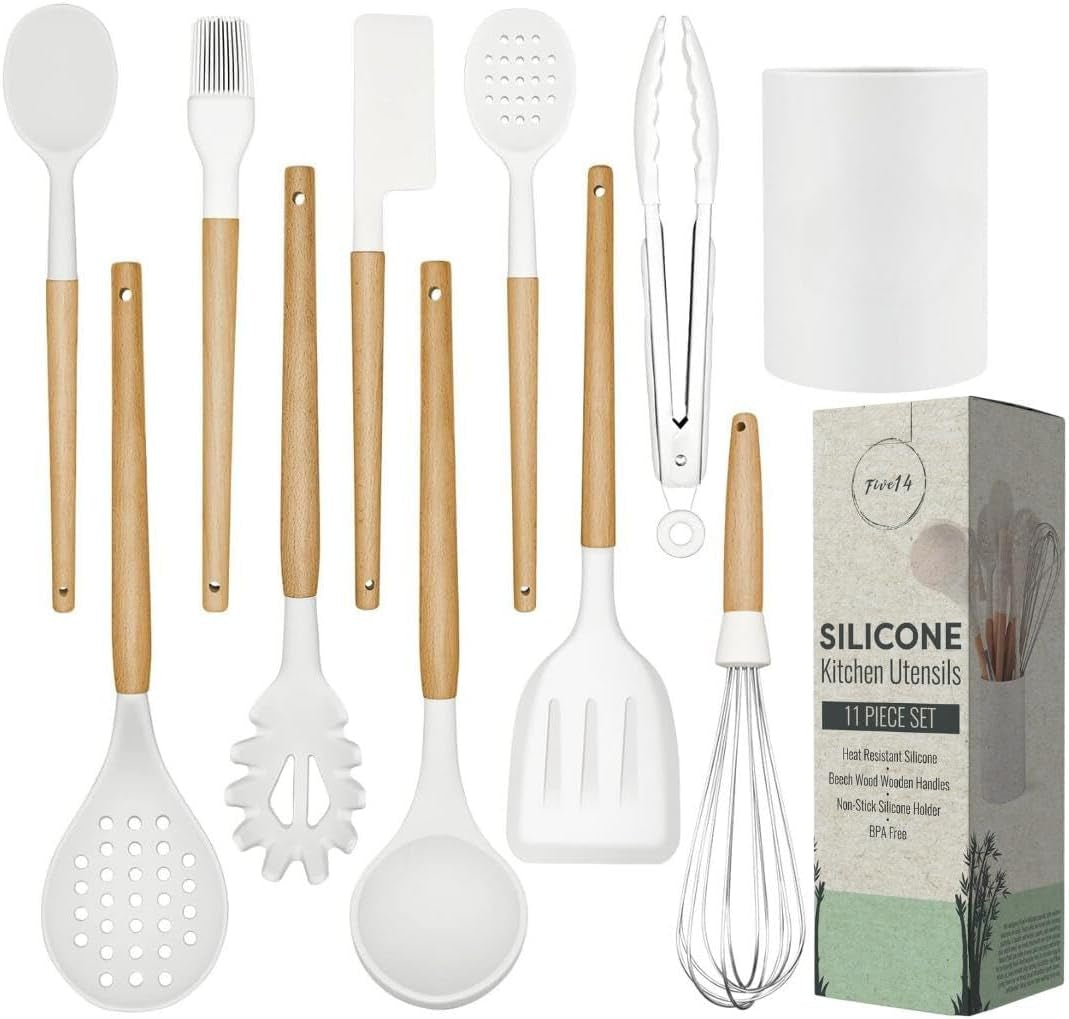 Five14 Silicone Kitchen Utensils Set, Heat-Resistant Silicone Utensils for Cooking, Silicone Cooking Utensils, White Utensils Set, Silicone Utensil Set, Silicone Whisk, Cooking Utensils Set