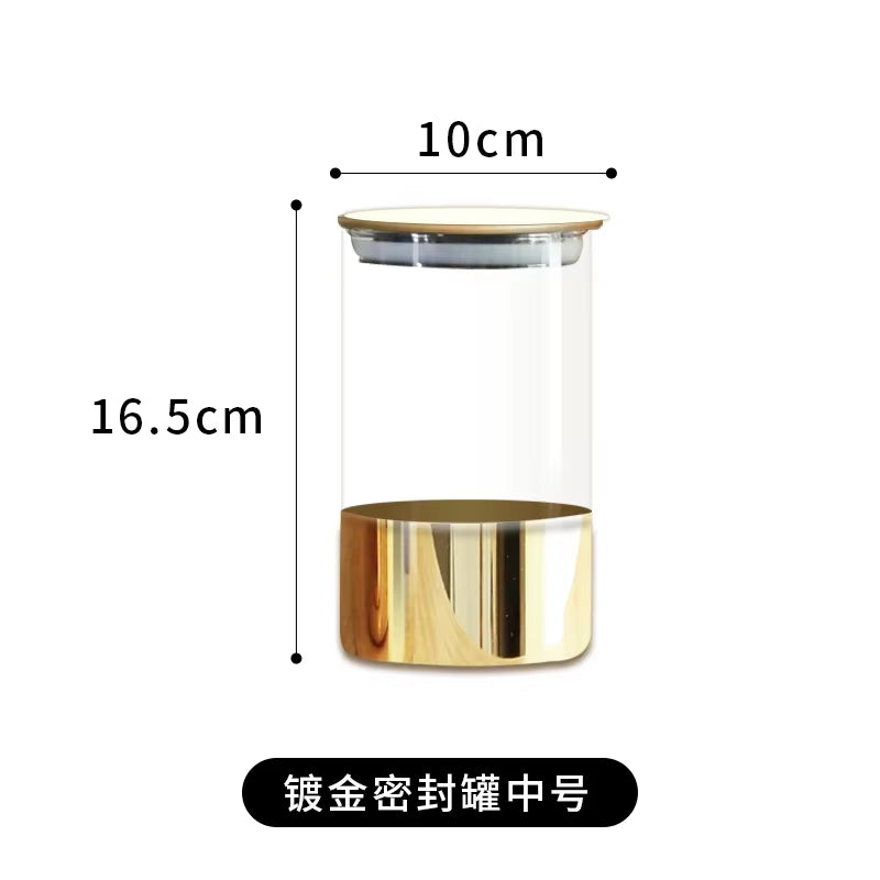 Golden Glass Sealed Can Coffee Bean Storage Container Snack Dried Fruit Storage Tank Metal Cover Home Kitchen Storage Ornaments
