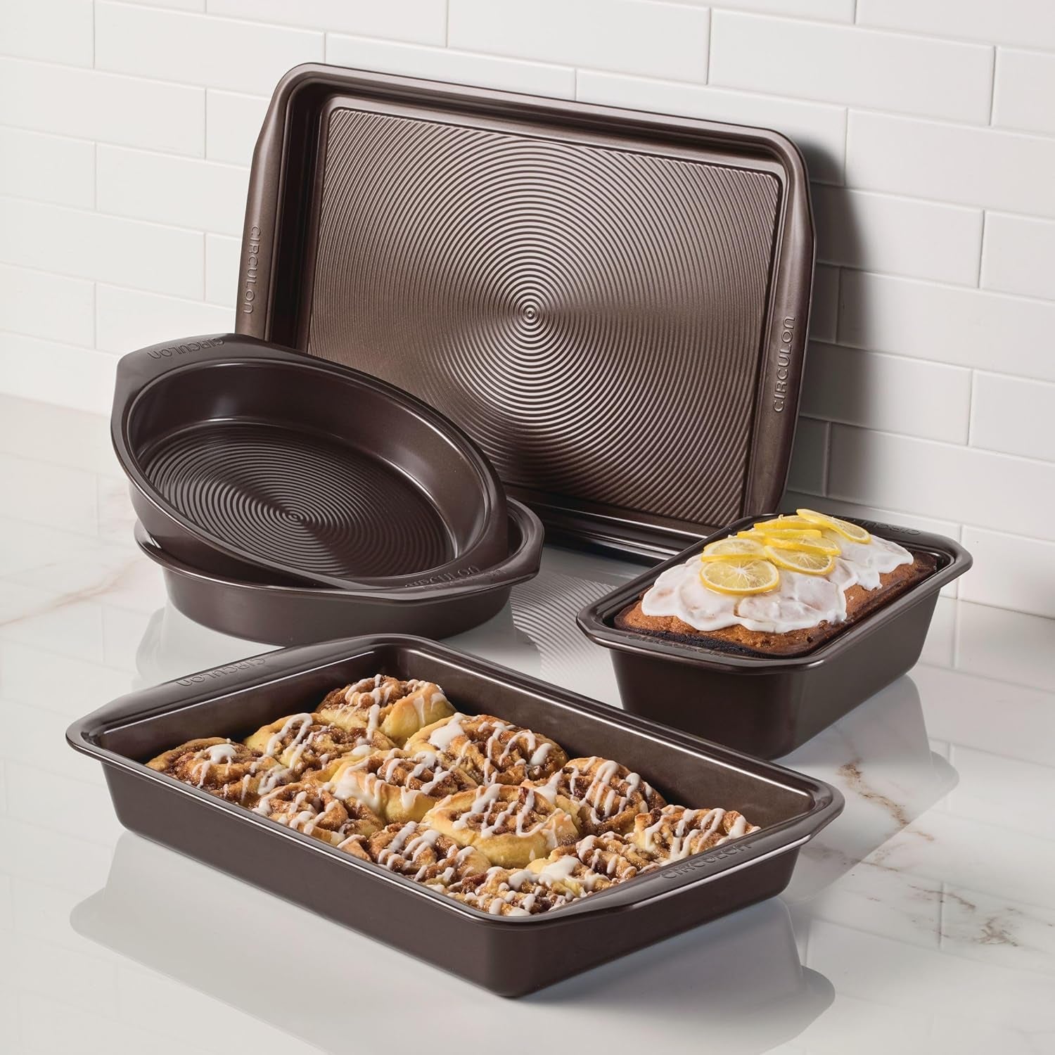 Circulon Nonstick Bakeware Set with Nonstick Cookie Sheet, Bread Pan, Bakings Pan and Cake Pans - 5 Piece, Chocolate Brown