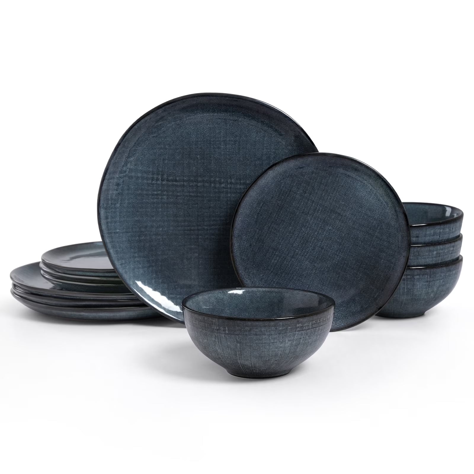 Famiware Moonlight Plates and Bowls Sets, 12 Piece Stoneware Dinnerware Set with Linen Finish,Classic Yellow