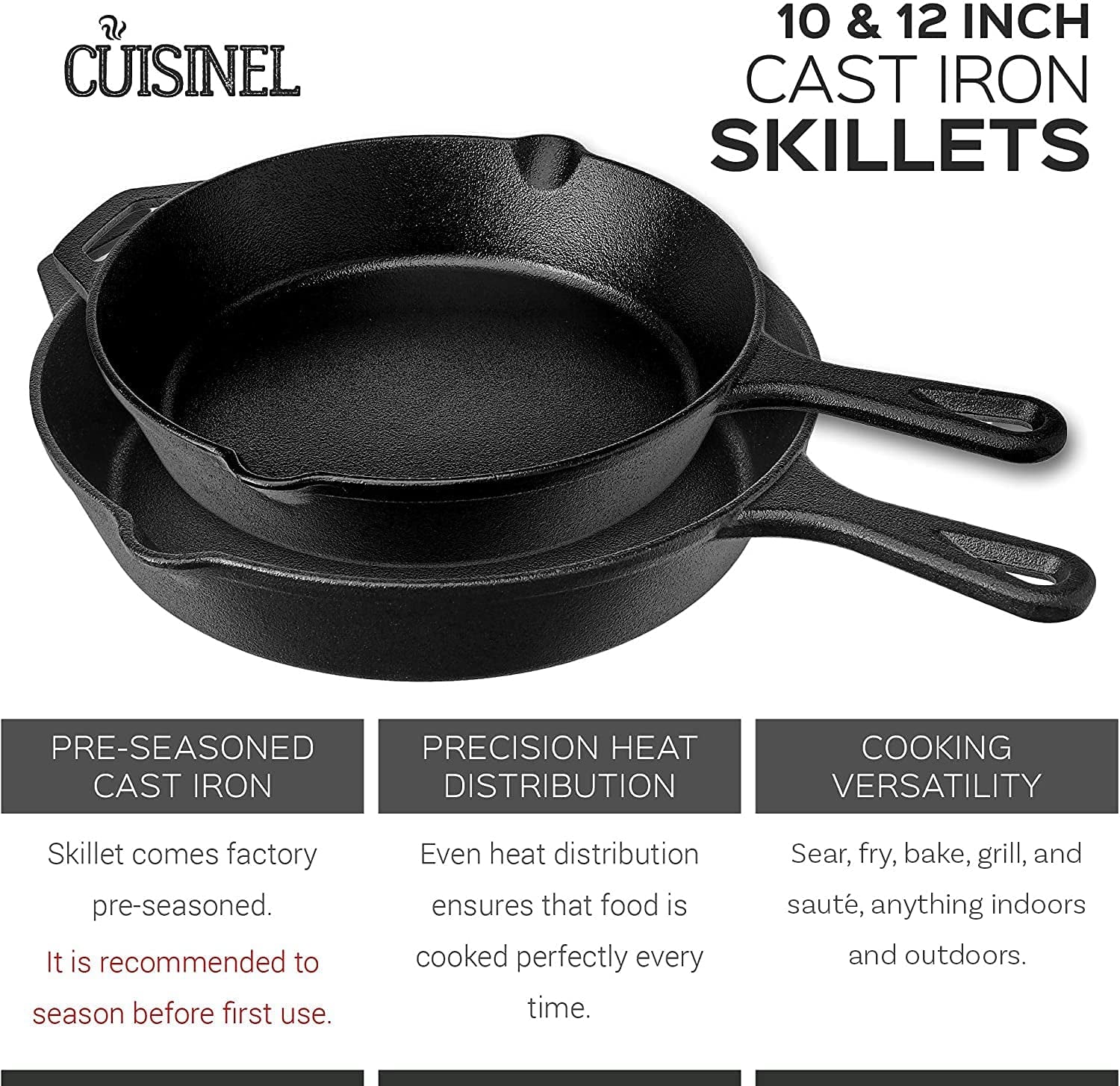 Cuisinel Cast Iron Skillet Set - 10" + 12" Frying Pan + Glass Lids + 2 Handle Cover Grips - Pre-Seasoned Oven Cookware - Indoor/Outdoor Use - Grill, Stovetop, Induction, BBQ, Camping, Fire Use