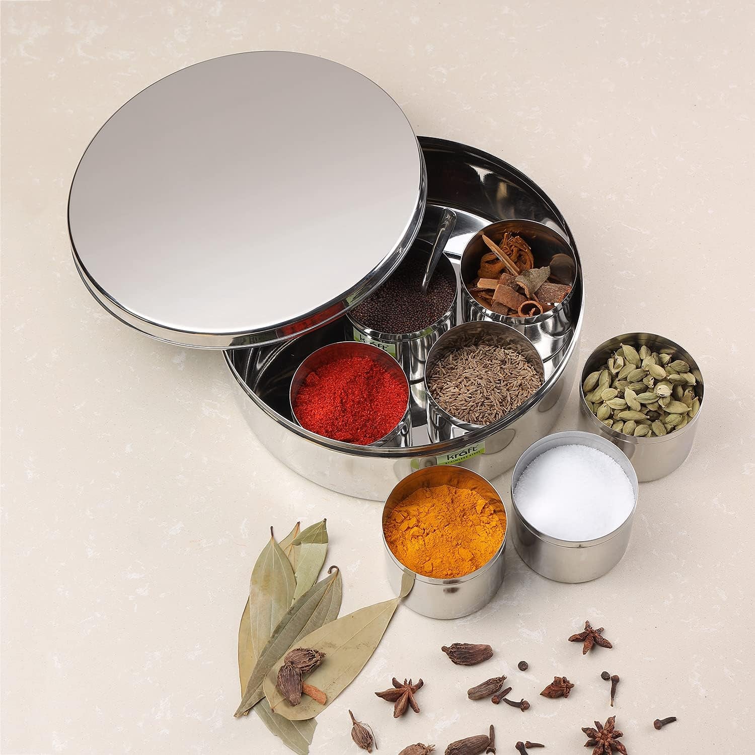 Vinod Stainless Steel Masala Dabba, Spice Box, 7 Compartments with Lid, 8 Inch Diameter