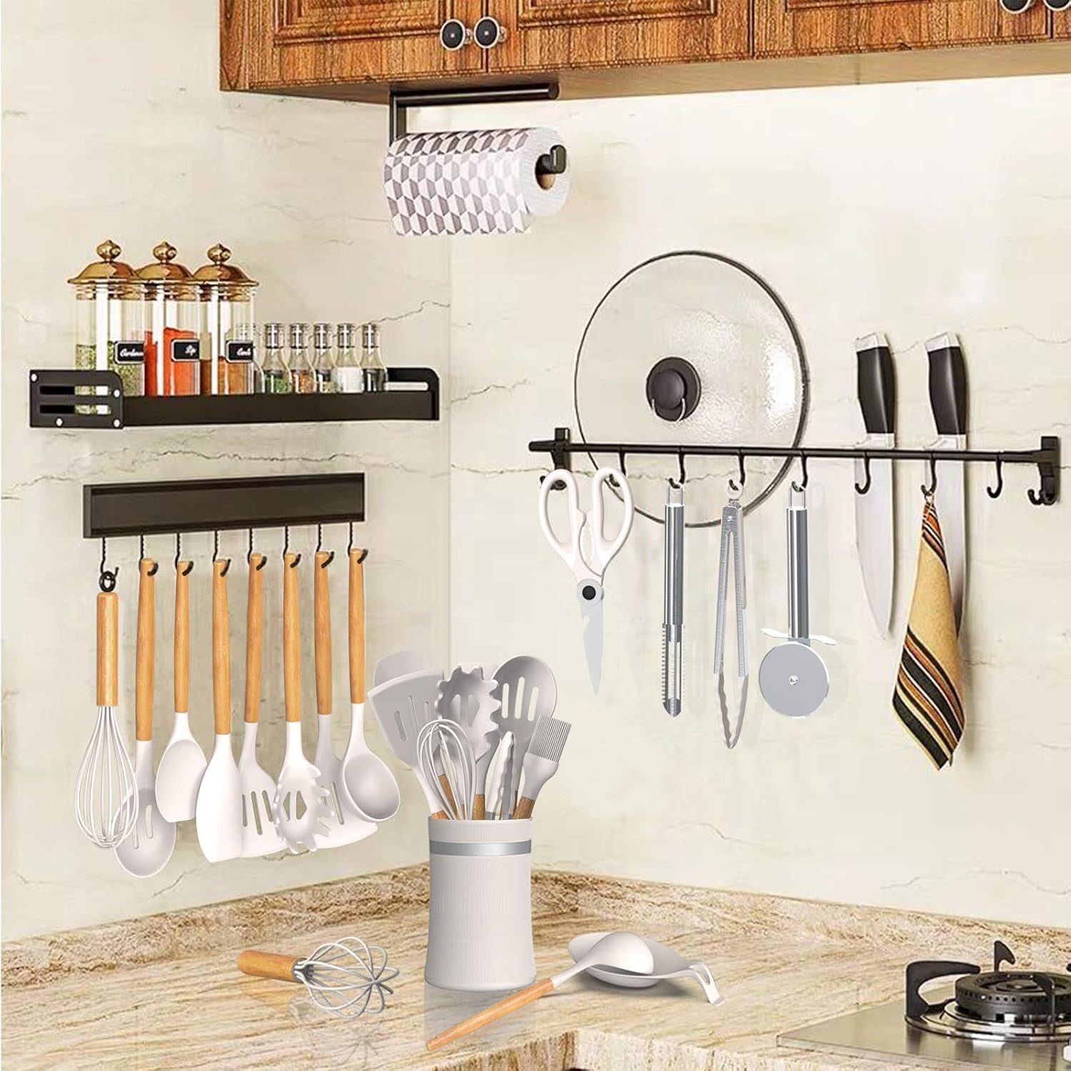 Silicone Cooking Utensils Kitchen Utensil Set, AIKKIL 32Pcs Non-Stick Kitchen Cooking Utensil Spatula Set with Holder, Heat Resistant Wooden Handle Khaki Kitchen Gadgets Tools Set