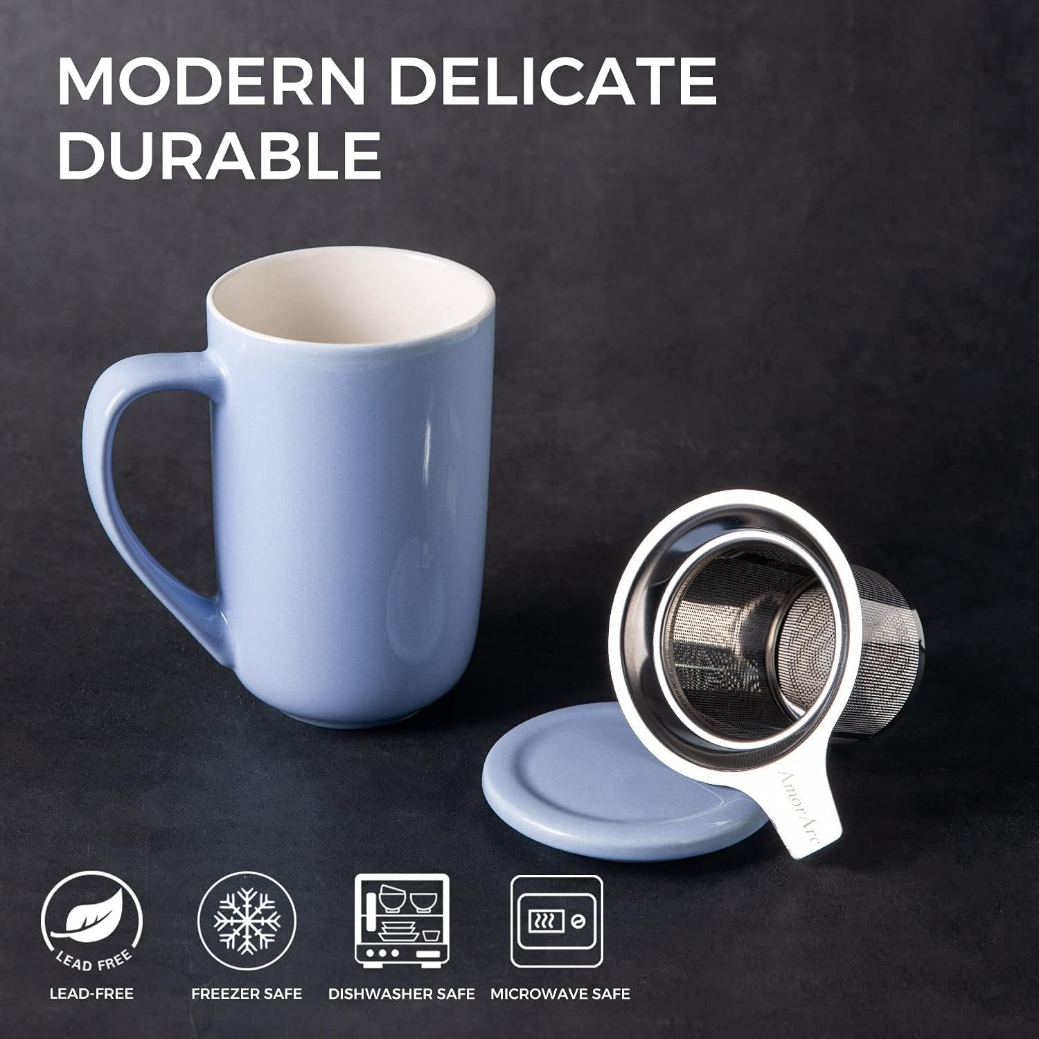 Amorarc Ceramic Tea Mug,16Oz Tea Cup with Infuser and Lid, Tea Strainer Cups with Tea Bag Holder for Loose Leaf Tea, Tea Steeping Mug for Tea/Coffee/Milk with Well-Wrapped Gift Box -Baby Blue