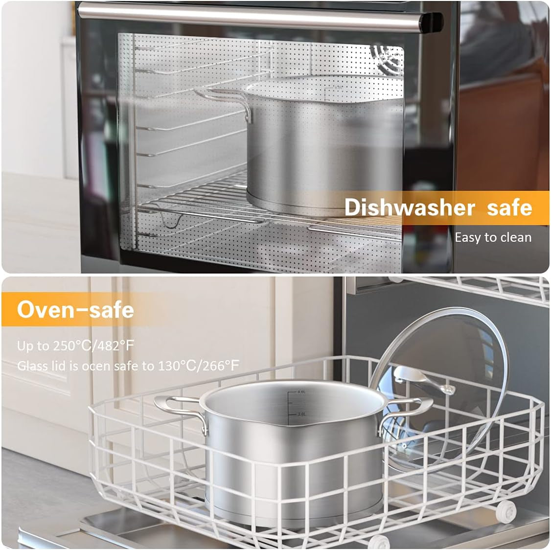 4 Quart Stainless Steel Stock Pot/ Stockpot with Glass Lid,4 Qt Multi Pasta Cooking Soup Pot with Pour Spout,Scale Engraved Inside, Oven Dishwasher Safe ,Compatible for Family Meals