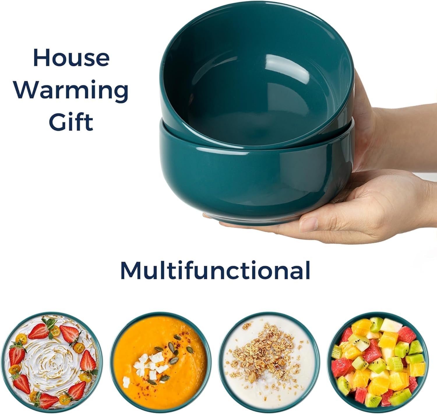 Amorarc Stoneware Cereal Bowls Set for Kitchen, 22Oz Ceramic Deep Soup Bowls Set of 6, Black Bowls Set for Breakfast, Lunch, Dinner. Microwave&Dishwasher Safe, Green