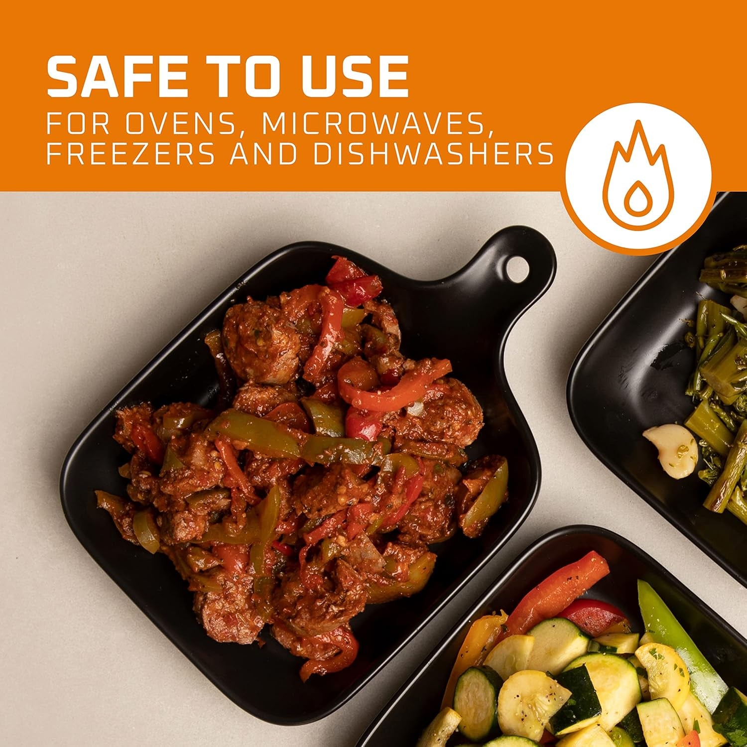 Bruntmor 4 Piece Matte Black Ceramic Dinnerware Set, 6.5 Inch Food Serving Plates with Skillet Look Handle, Lightweight Square Plates, Oven and Dishwasher Safe, Matte Finish