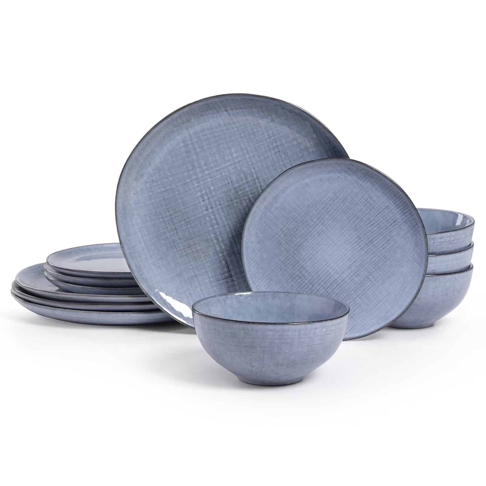 Famiware Moonlight Plates and Bowls Sets, 12 Piece Stoneware Dinnerware Set with Linen Finish,Classic Yellow