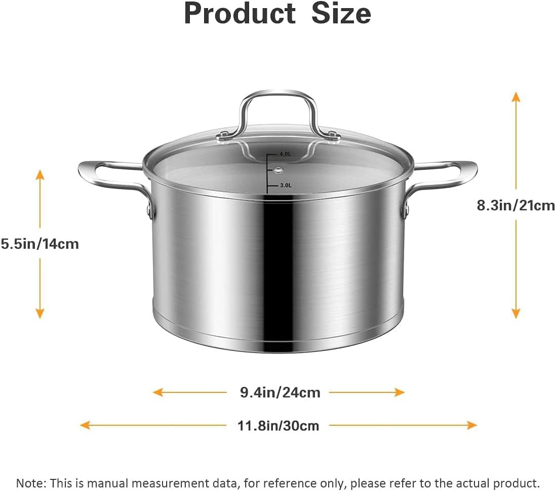 4 Quart Stainless Steel Stock Pot/ Stockpot with Glass Lid,4 Qt Multi Pasta Cooking Soup Pot with Pour Spout,Scale Engraved Inside, Oven Dishwasher Safe ,Compatible for Family Meals