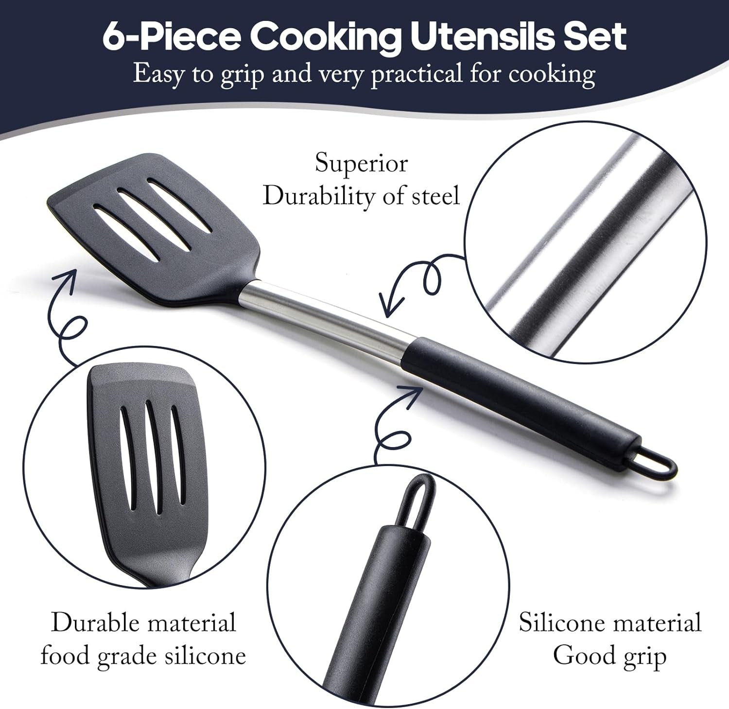 Silicone Kitchen Utensils Set - Culinary Couture 6-Pieces Black Silicone Cooking Utensils Set for Nonstick Cookware - Stainless Steel Handle