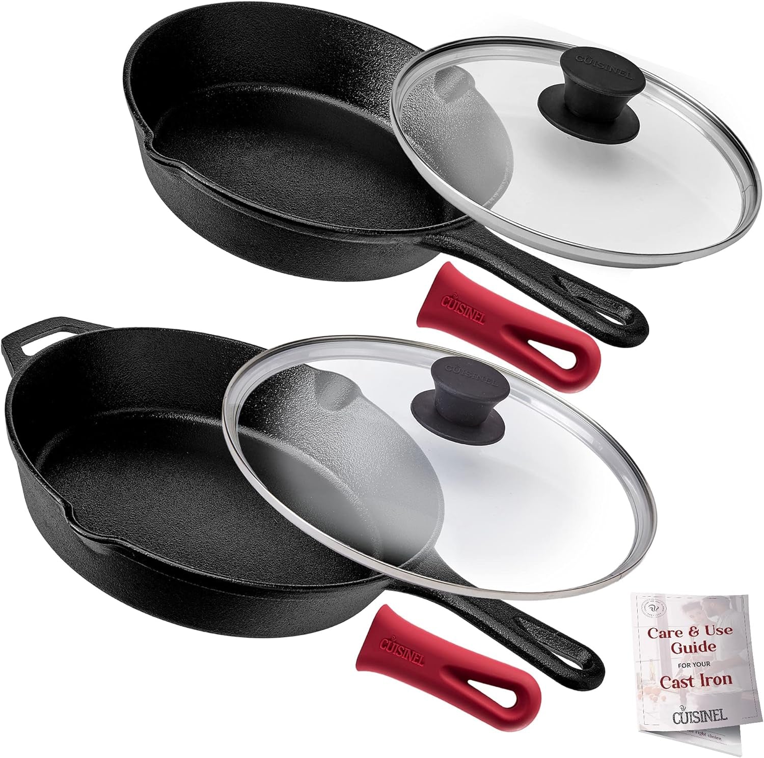 Cuisinel Cast Iron Skillet Set - 10" + 12" Frying Pan + Glass Lids + 2 Handle Cover Grips - Pre-Seasoned Oven Cookware - Indoor/Outdoor Use - Grill, Stovetop, Induction, BBQ, Camping, Fire Use
