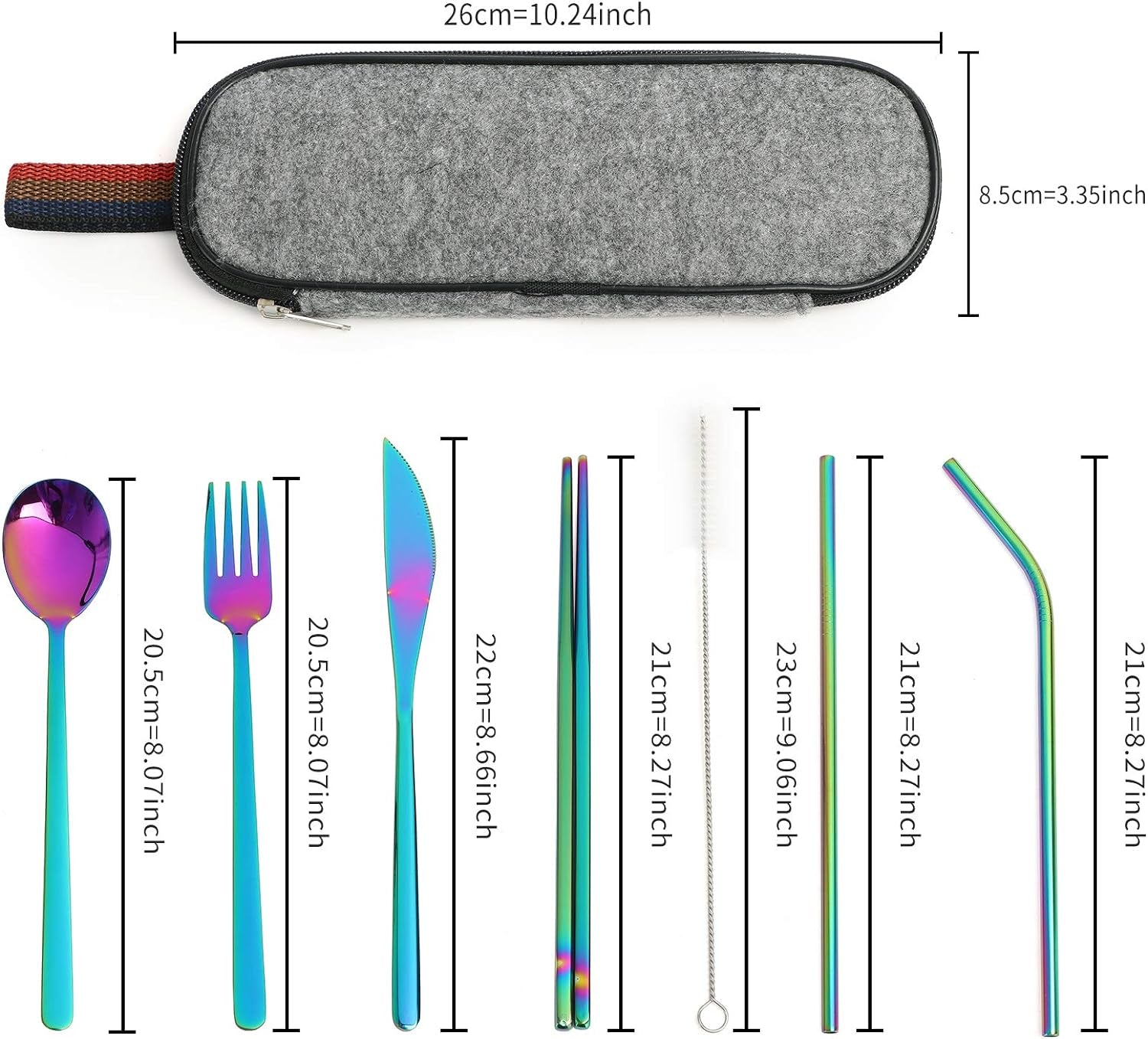 ZEF Flatware Set Stainless Steel, Travel Camping Cutlery Set, Portable Utensil Travel Silverware Dinnerware Set with a Waterproof Case （8Pcs） (Rainbow)