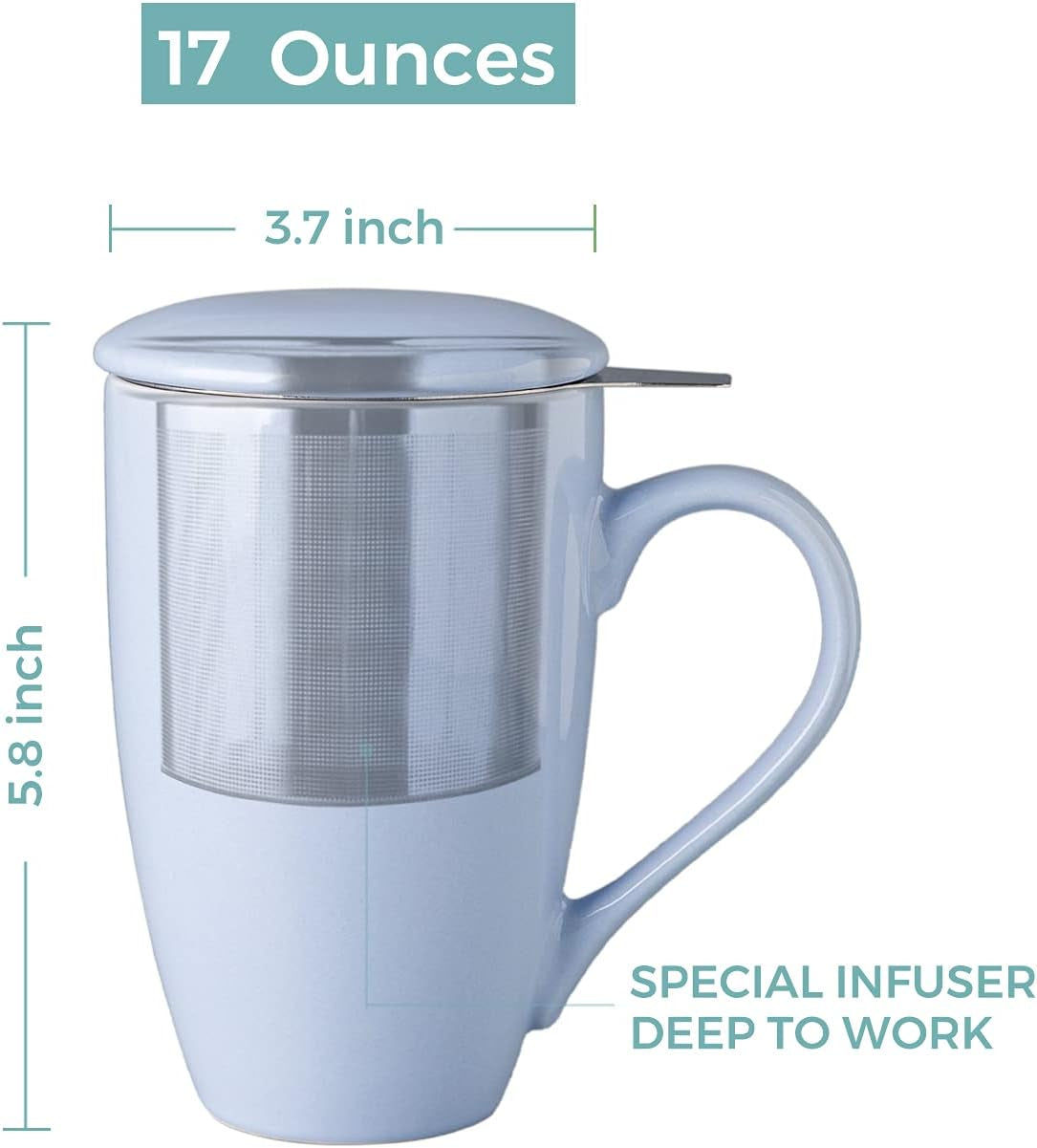 Amorarc Ceramic Tea Mug,17Oz Tea Cup with Infuser and Lid, Tea Strainer Cups with Tea Bag Holder for Loose Leaf Tea, Tea Steeping Mug for Tea/Coffee/Milk with Well-Wrapped Box for Gifts-Light BLUE