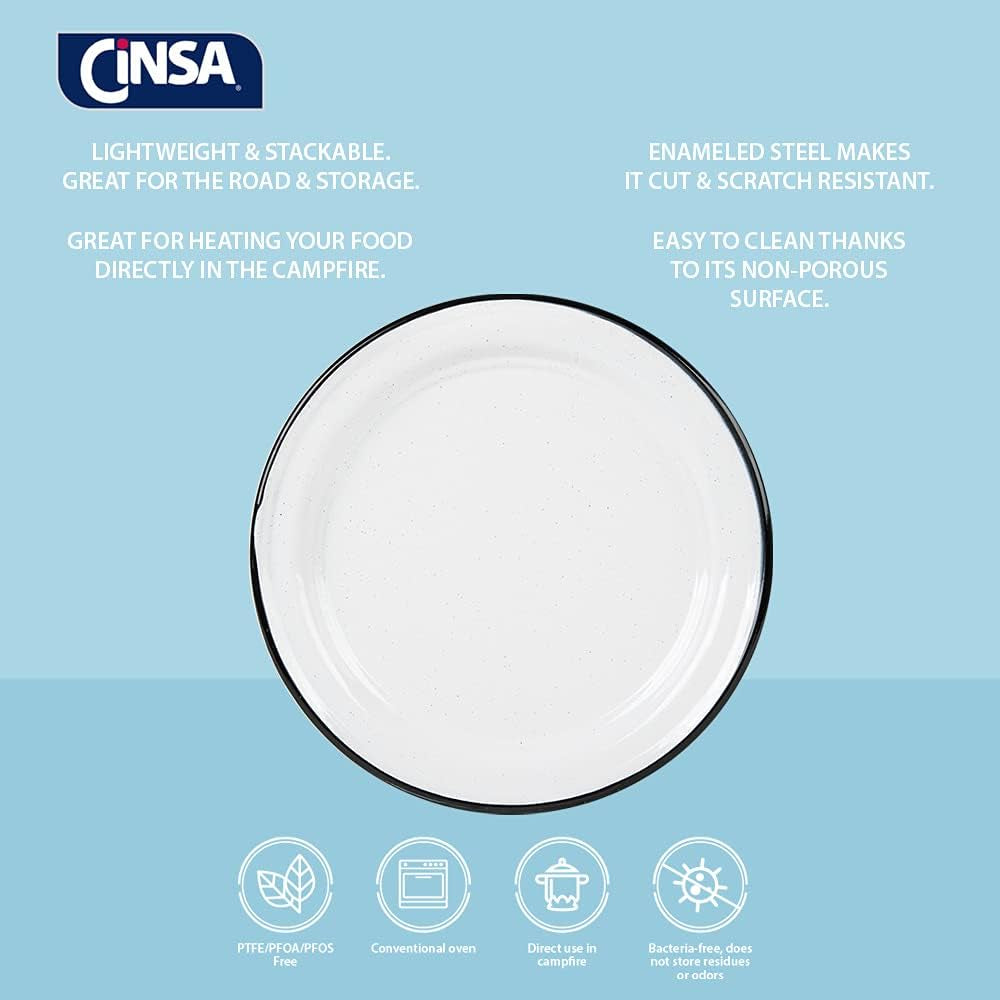 Cinsa 10-Inch Enameled Steel Dinner Plate Set, Indoor/Outdoor Use - Set of 6 Fire & Oven Safe Everyday Dinnerware, Lightweight & Ideal for Camping, Kitchen - Dishwasher Safe (Speckled White)