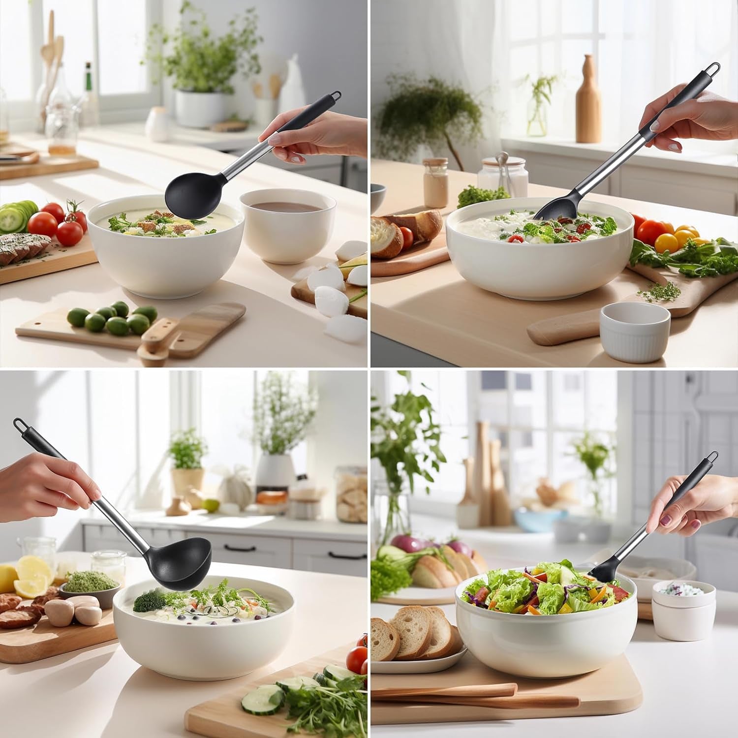 Silicone Kitchen Utensils Set - Culinary Couture 6-Pieces Black Silicone Cooking Utensils Set for Nonstick Cookware - Stainless Steel Handle