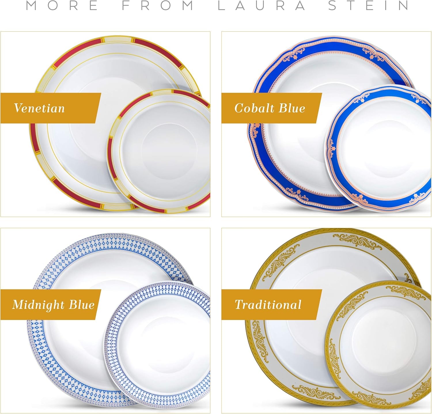 Laura Stein Designer Dinnerware Set | 32 Disposable Plastic Party Bowls | White Wedding Bowl with Burgundy Rim & Gold Accents | Set Includes 16 X 12 Oz Soup Bowls + 16 X 5 Oz Dessert Bowls | Vintage