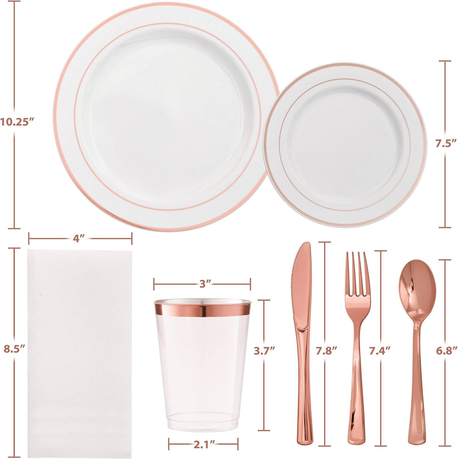 Bloomingoods Rose Gold Disposable Plates Set for 50 Guest - 450 Piece Rose Gold Plastic Dinnerware Set - 100 Rose Gold Rimmed Plastic Plates, 50 Rose Gold Rimmed Plastic Cups, 100 Paper Napkins,