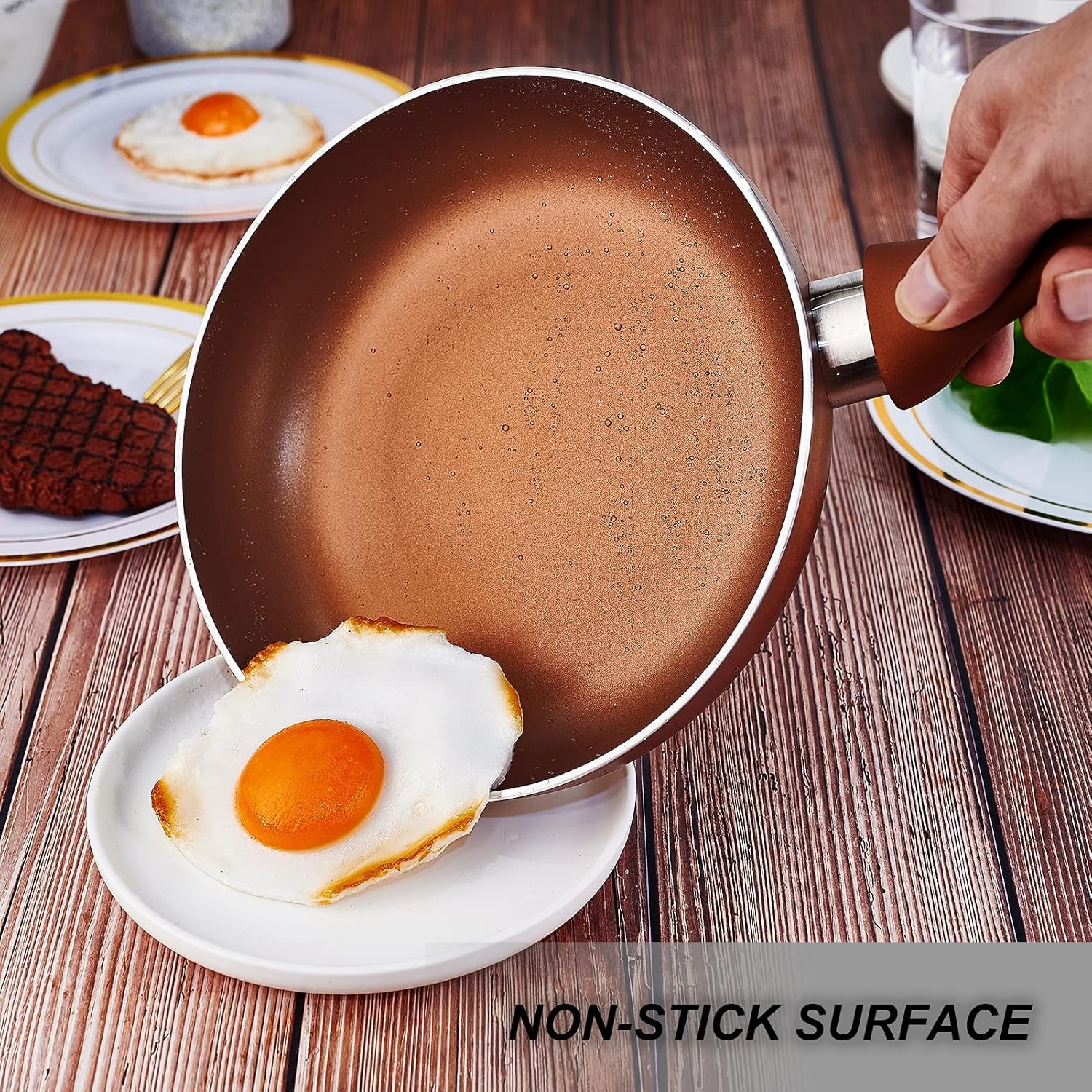 11Pcs Cookware Set Ceramic Nonstick Soup Pot/Milk Pot/Frying Pans Set -Copper