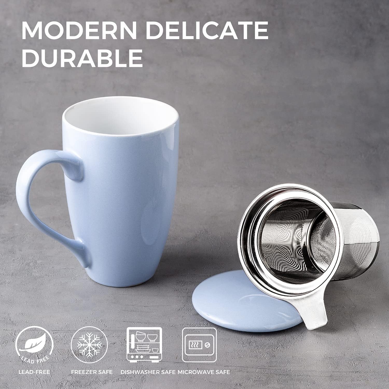 Amorarc Ceramic Tea Mug,17Oz Tea Cup with Infuser and Lid, Tea Strainer Cups with Tea Bag Holder for Loose Leaf Tea, Tea Steeping Mug for Tea/Coffee/Milk with Well-Wrapped Box for Gifts-Light BLUE